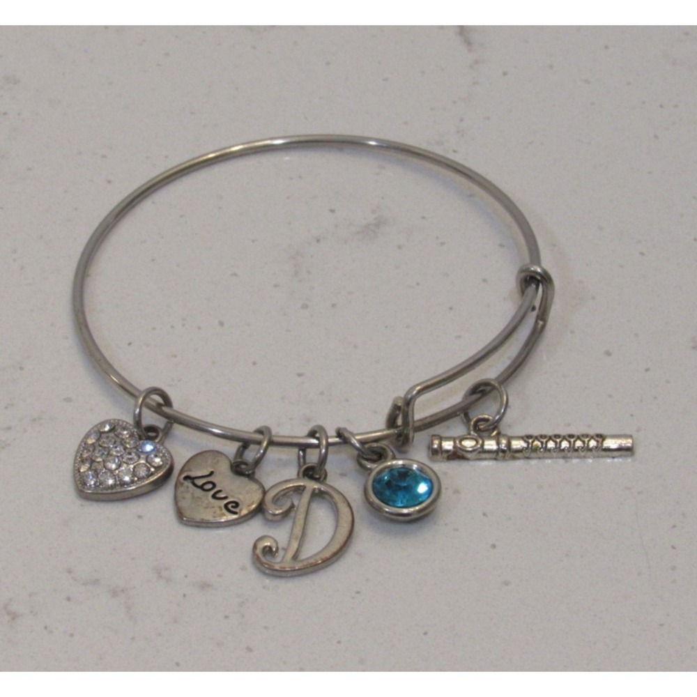 Expandable Bangle Bracelet Initial D Blue Rhinestone Flute Heart Love Boho Chic
